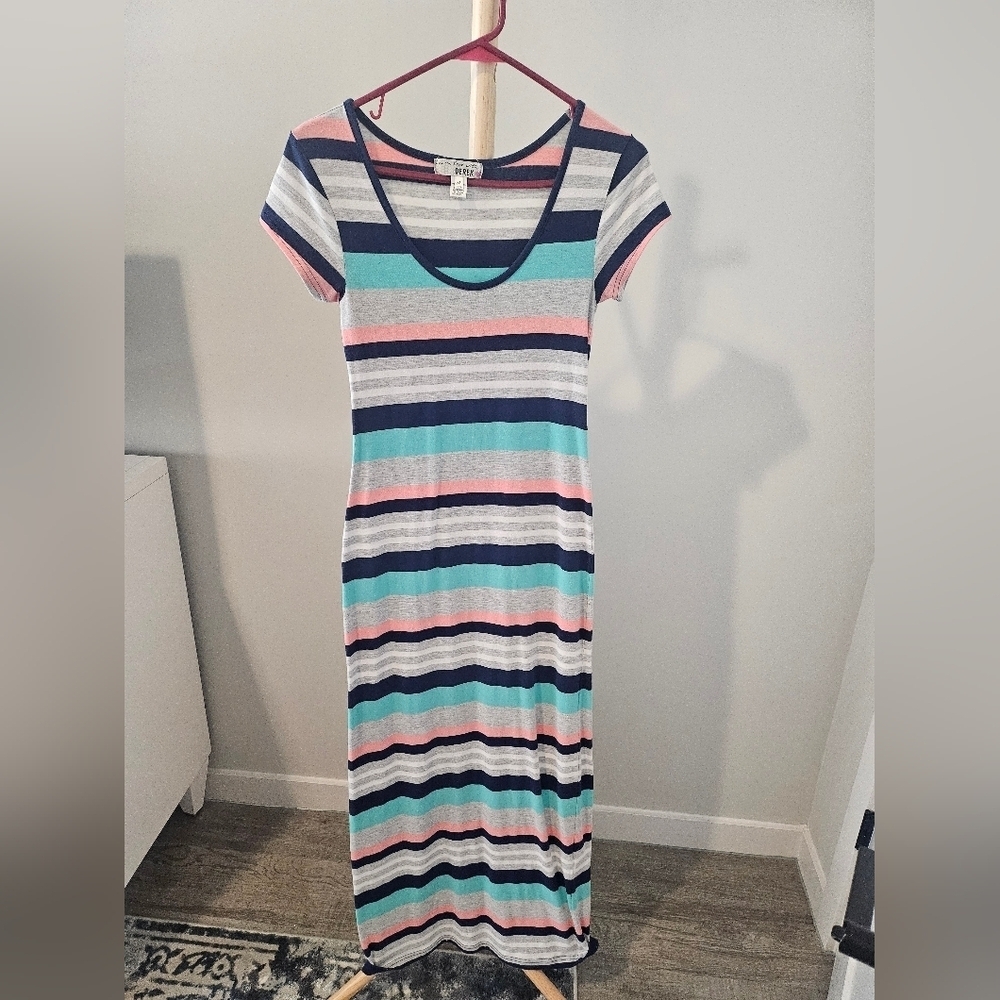 Striped Maxi Dress in Blue, Pink, and Gray